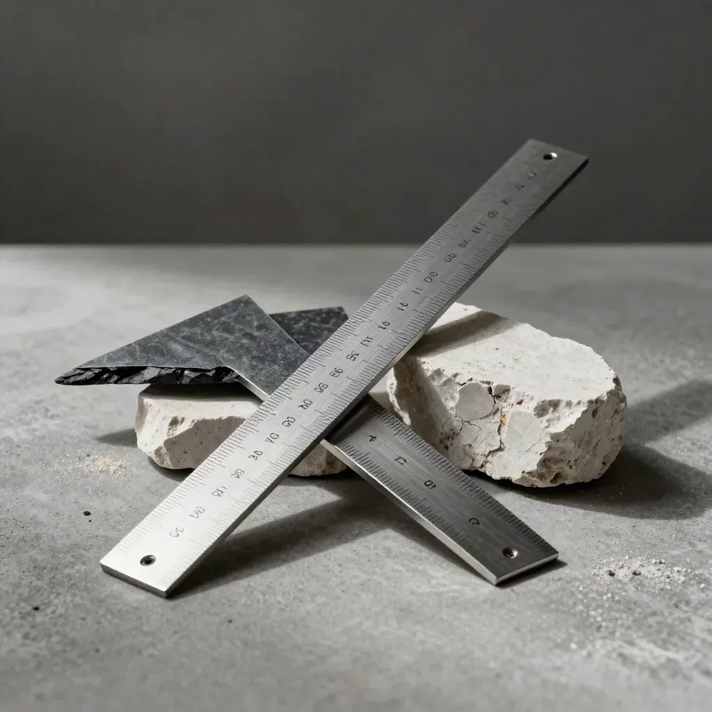 Architect's scale, aluminium straightedges and stone chips on concrete in dramatic studio light.