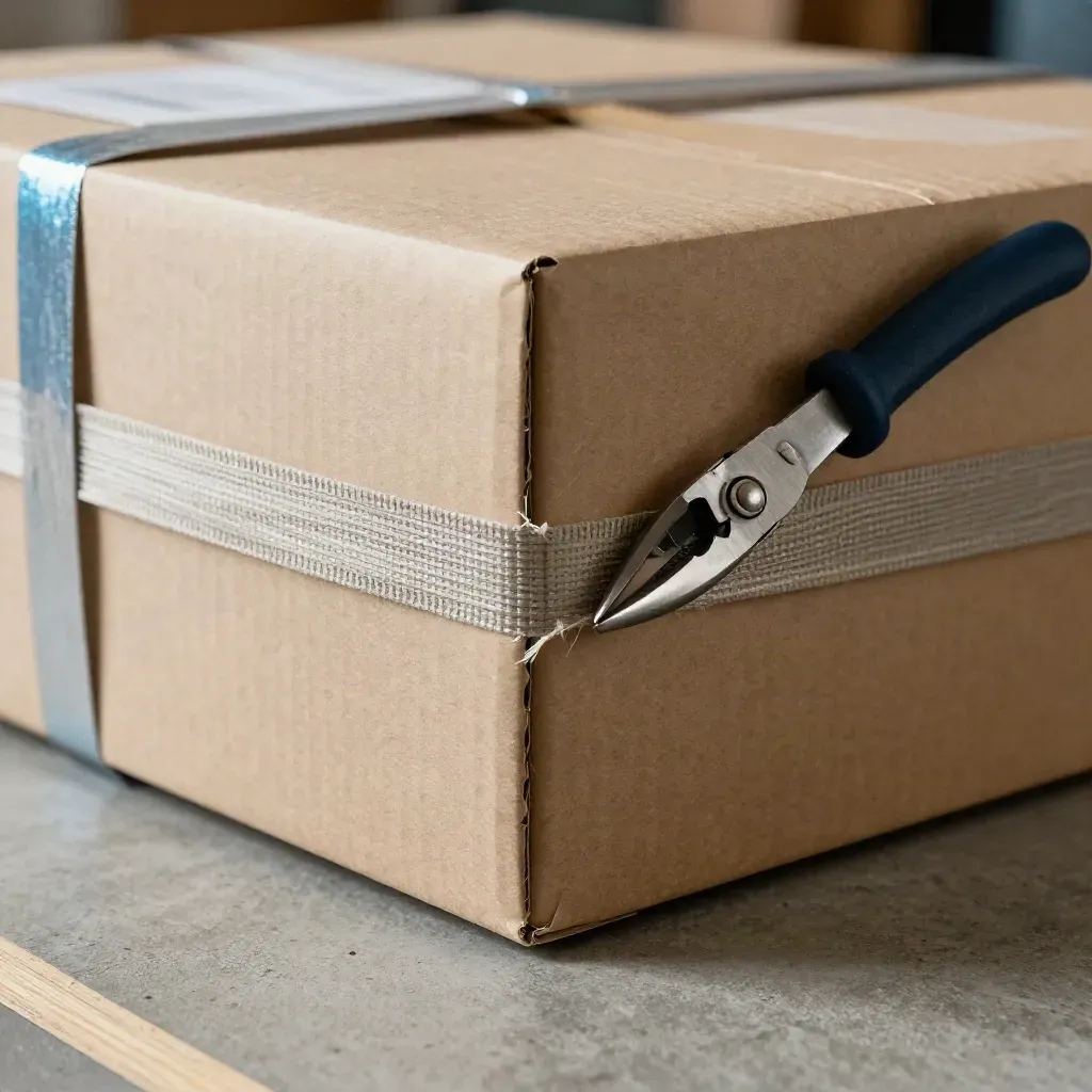 Macro of parcel boxes, seal pliers and strapping clips on concrete, lit by a cool side beam.