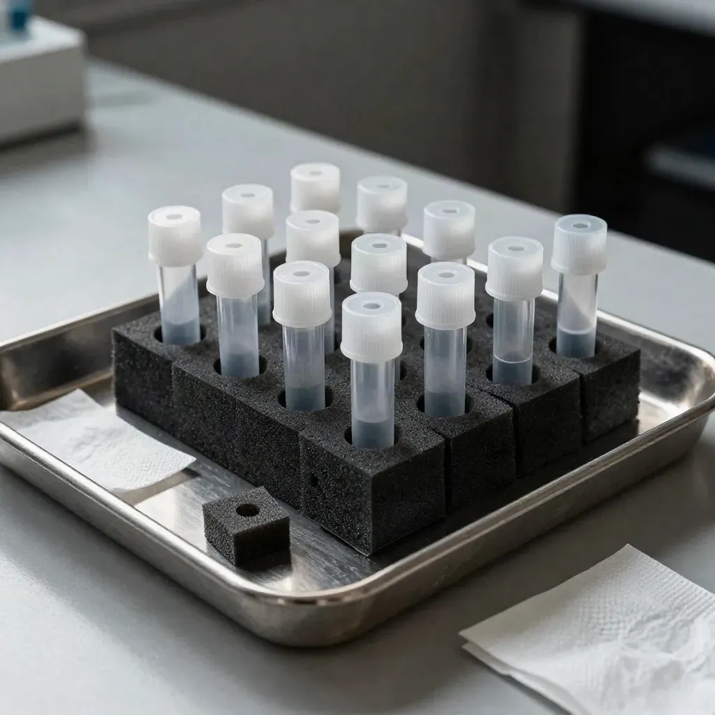 Biotech lab still life with sample tubes, foam blocks, and a brushed steel tray
