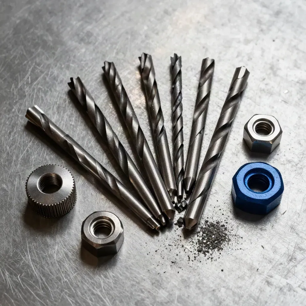 Carbide drill bits, machined chucks and steel offcuts on a brushed metal surface