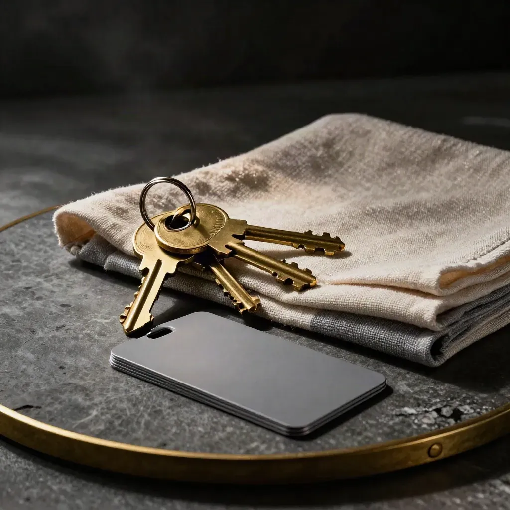 Brass room keys, blank keycards and folded linen swatches on a dark stone surface under dramatic light.