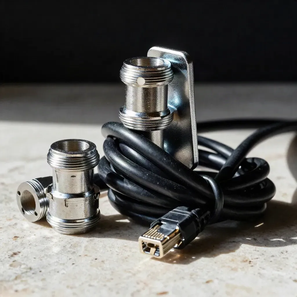 Cable glands, wall bracket and coiled ethernet lead on pale stone in dramatic side light.