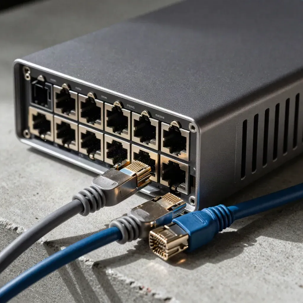 Macro of an edge gateway appliance with SFP module and braided Ethernet leads on stone.