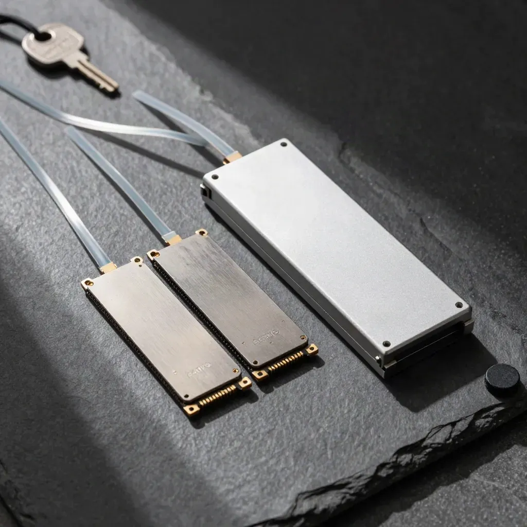 Overhead still life of SSDs, a sealed caddy and cable ties on graphite stone.