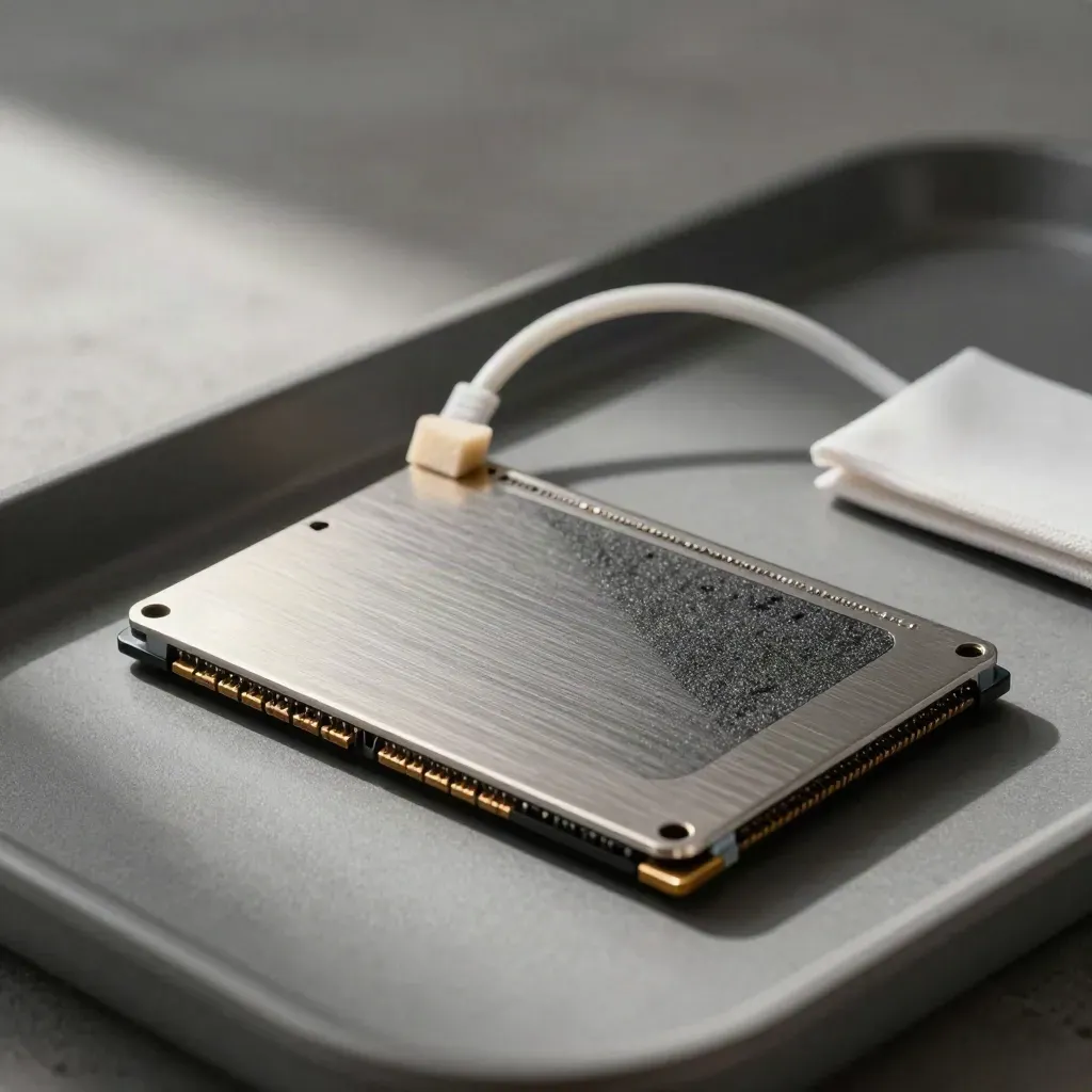 Anti-static SSD kit with foam insert and coiled patch lead on a graphite tray.