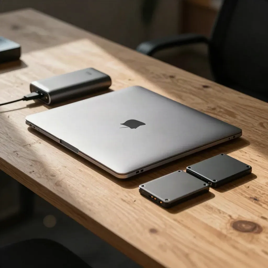 Closed ultrabook, power bank, and encrypted SSDs on a raw plywood coworking table.