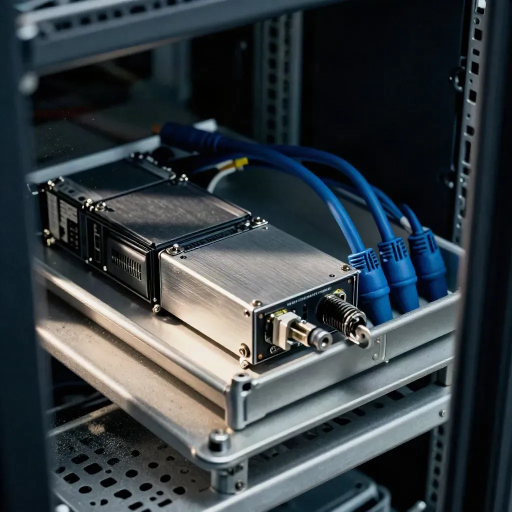 Spare server modules, drive caddies, and blue patch leads on a rack shelf in cool haze.