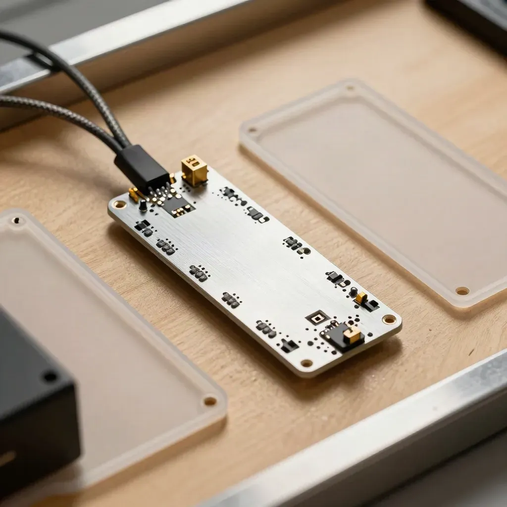 Top-down hardware flat lay with dev boards, enclosure shells and test cables on oak.