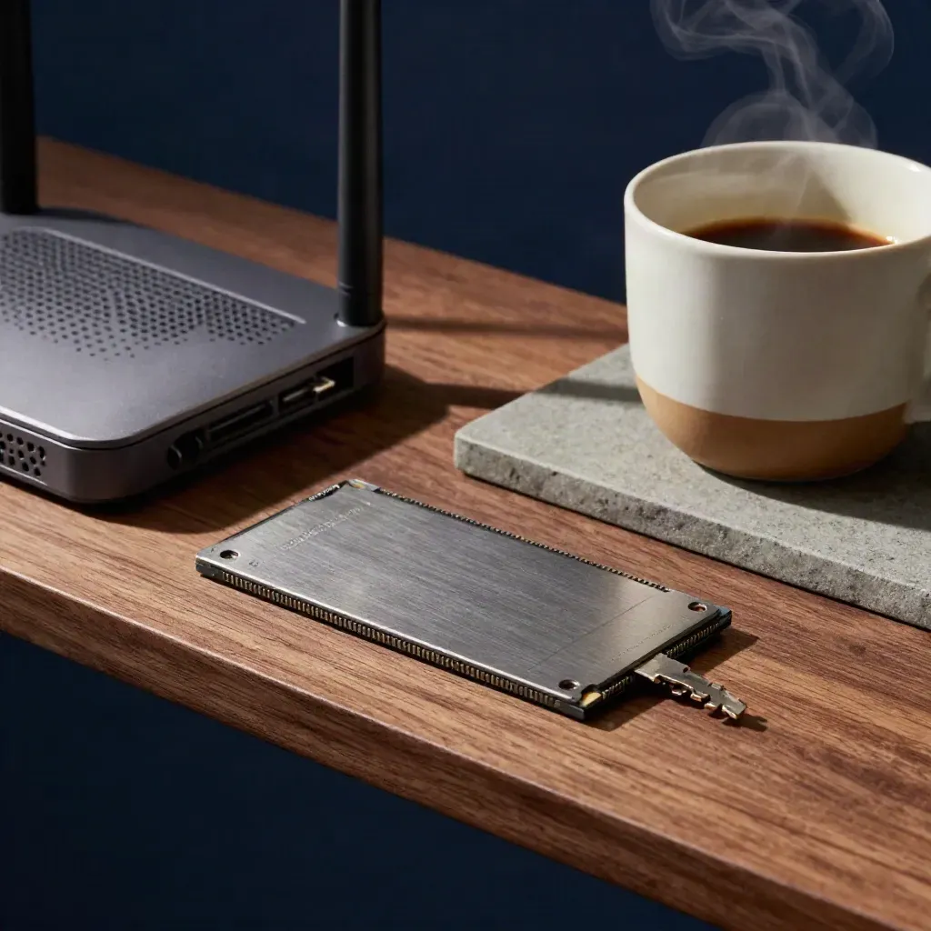Brushed SSDs, compact router and steaming coffee cup on walnut with dramatic shadows