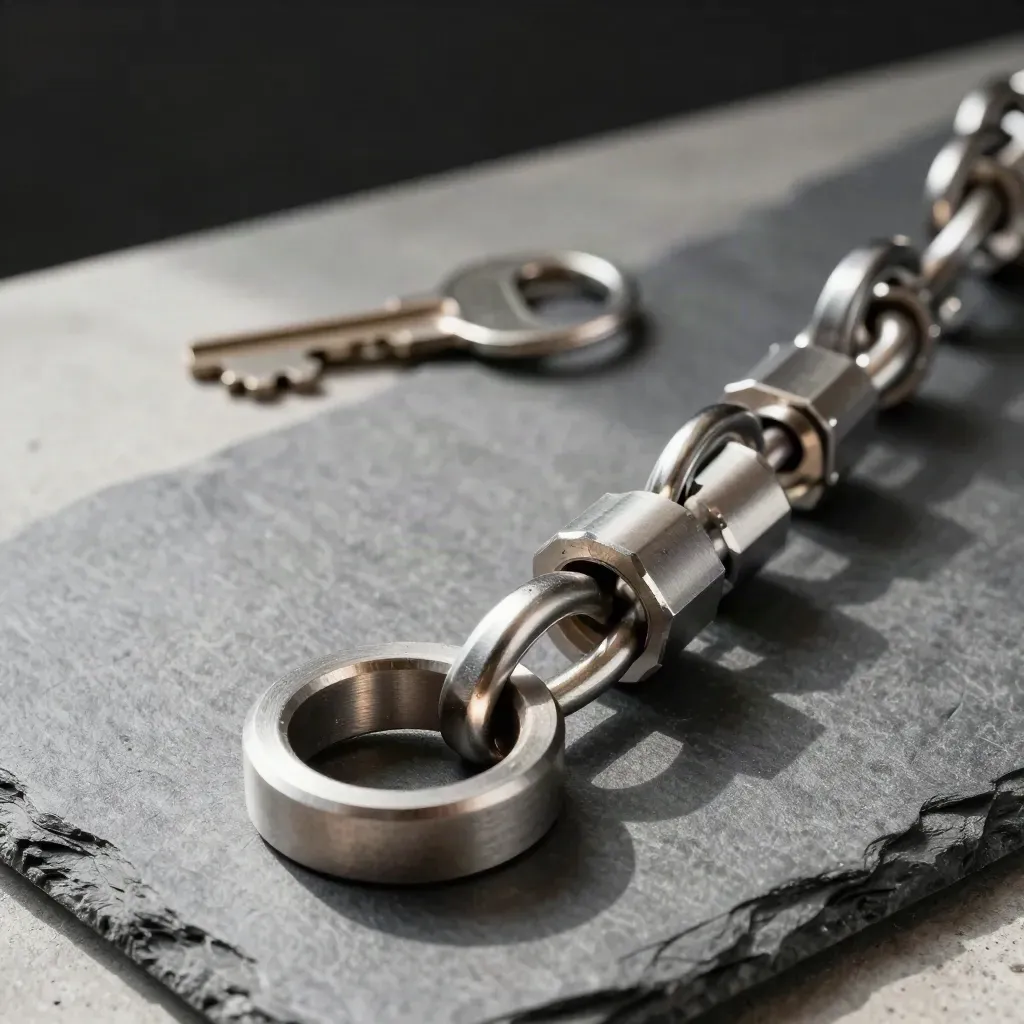 Machined aluminium rings and connector sleeves on a slate surface in dramatic studio light.