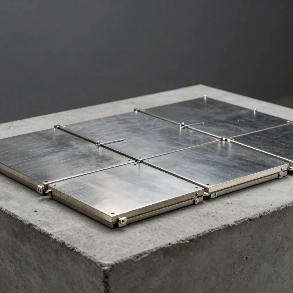 Steel tiles with pins and clips arranged diagonally on a concrete surface.