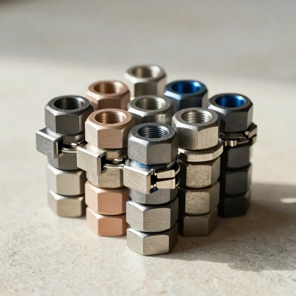 Macro still life of aluminium modules and a steel clasp forming a precise connection