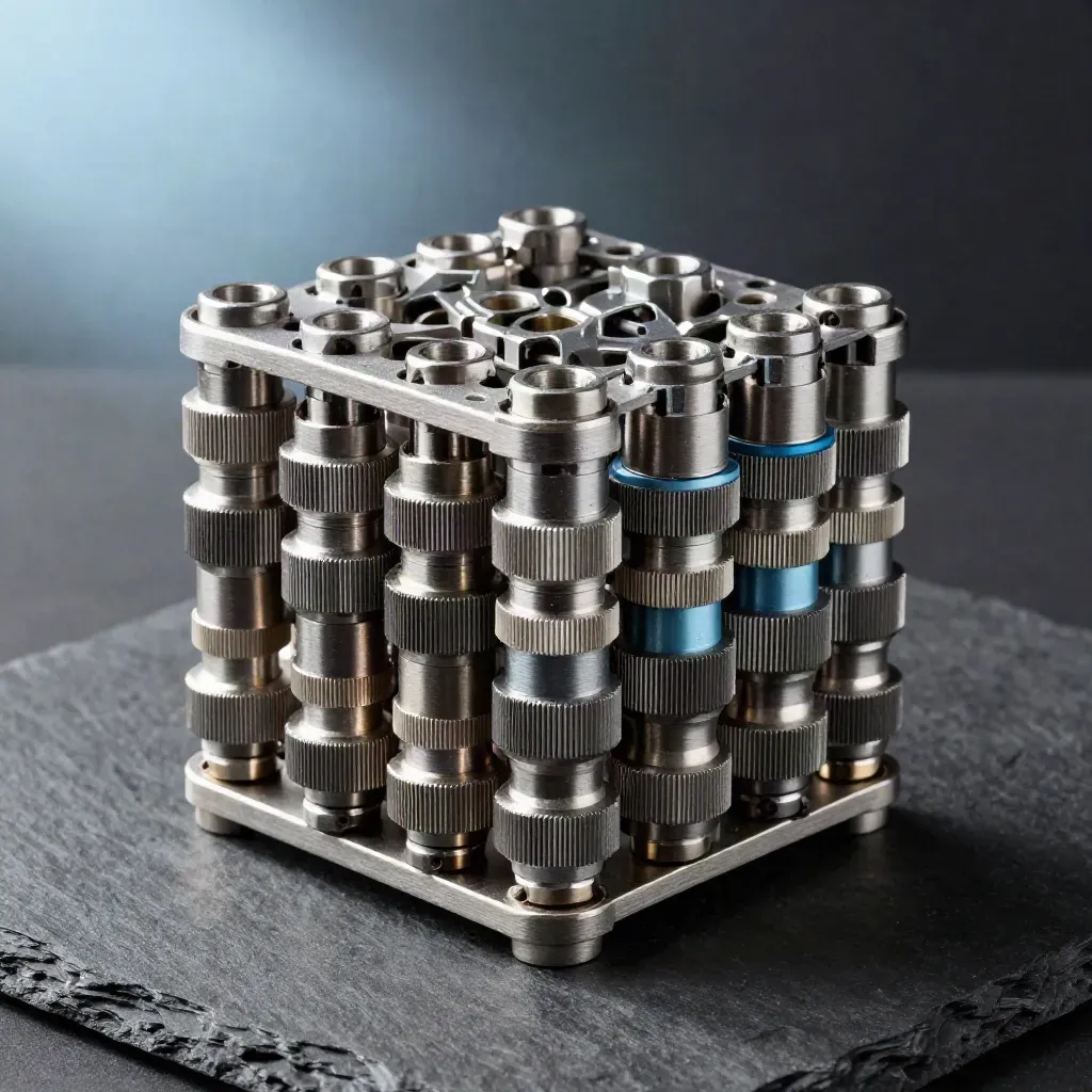 Graphite server brackets and fibre couplers clustered on slate, lit by soft daylight.
